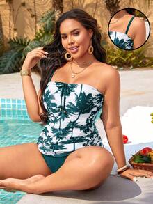 SHEIN Swim Curve Plus Size Women's Simple Daily Summer Swimsuit Tank Top Bikini - Multicolor - View 1