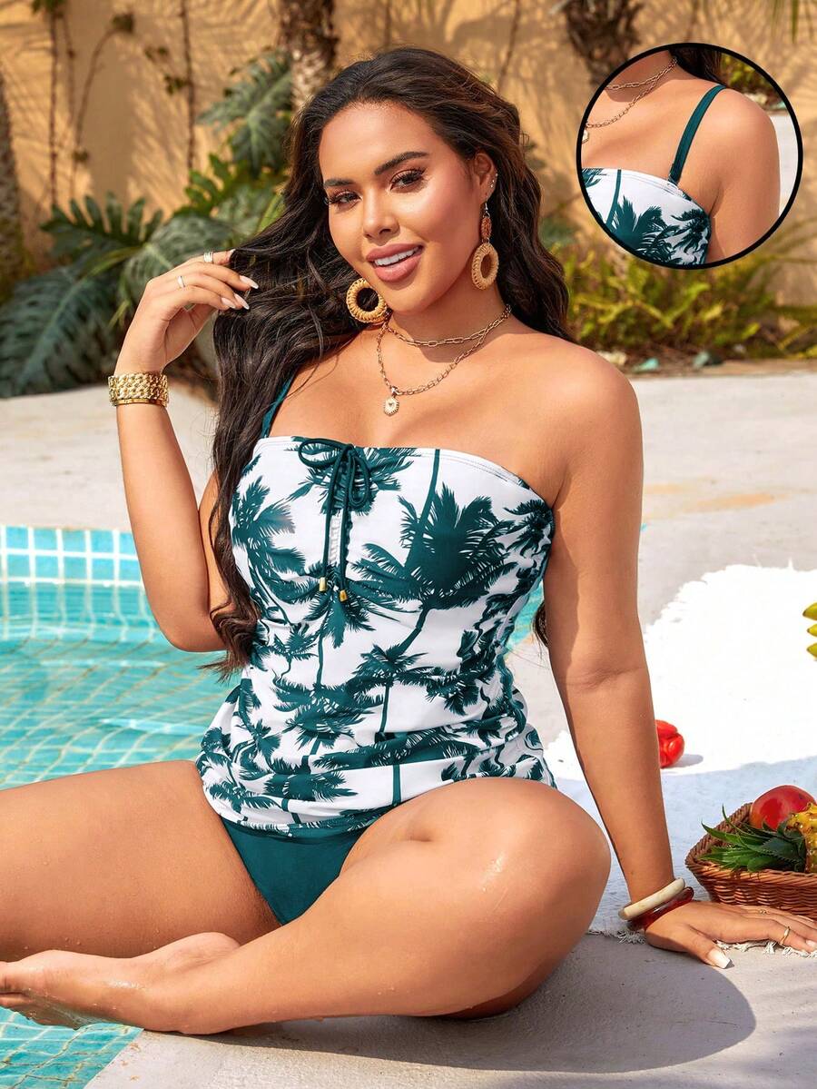SHEIN Swim Curve Plus Size Women's Simple Daily Summer Swimsuit Tank Top Bikini - Multicolor - View 1