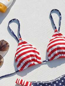 Swim Mod Conjunto de 2 piezas de ropa de playa para mujer, moda linda para vacaciones, sexy para piscina y fiesta en la playa, con estampado de estrella y rayas de bandera estadounidense, top triangular con cuello halter, espalda descubierta y lazo, y braguita de bikini fruncida - Multicolor - Ver 4
