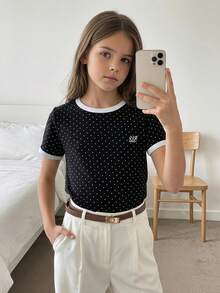 Dazy Kids 波點撞色可愛短袖圓領T恤，適合前青春期女孩夏季穿著 - 黑色 - 查看 4