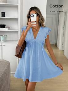 Easowa V-Neck Ruffle Lace Backless High Waist Babydoll Dress Casual Boho Elegant Commute Vacation Old Money Spring Summer Women's Mini Light Blue - Baby Blue - View 5