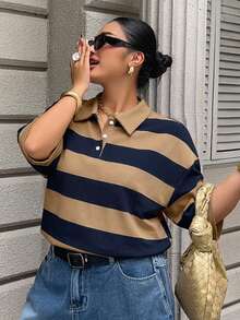 Dazy Plus 女款大尺碼休閒夏季拼接撞色條紋寬鬆 Polo 領中袖 T恤 - 卡其色 - 查看 6