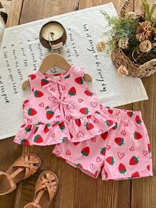 SHEIN LMoss Kids 女嬰草莓印花蝴蝶結裝飾背心上衣與短褲休閒套裝 - 彩色 - 查看 5