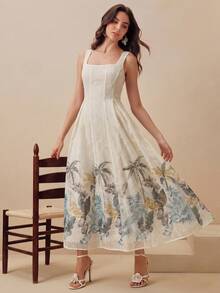 Anewsta Summer New Arrival Vacation Style Tropical Floral Print Camisole Waist Flared Dress, Versatile - Apricot - View 6