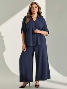 Chikora Plus Size Summer Blue Open Front Two Pieces Set, Blue Two Pieces Set, Office Wear, Suitable For Multiple Occasions, Textured Fabric - Blue - View 8
