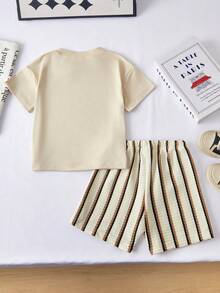 Playful Pals 2pcs/Set Boys Casual Fashion Comfortable Pattern Print Crew Neck Drop Shoulder Top And Striped Print Shorts, Suitable For Spring/Summer, Outdoor Play, Daily Versatile, Pattern Print, Island Style, Beach Weekend, Summer Outfit, Elegant Attire, Suitable For Outings, Vacations, Travel, Photos - Khaki - View 2