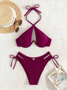 Swim SXY 女款夏季海灘純色掛脖綁帶性感比基尼三角褲兩件式泳衣套裝 - 中紫紅色 - 查看 7
