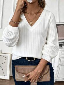 EMERY ROSE Plus Size Women Casual White Solid Color Sleeve V-Neck Long Sleeve T-Shirt Fall - White - View 3