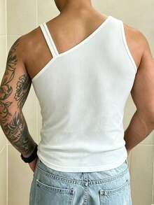 Manfinity Dauomo Men's Summer Fashion Solid Color Ribbed Oblique Shoulder Slim Fit Tank Top - White - View 2