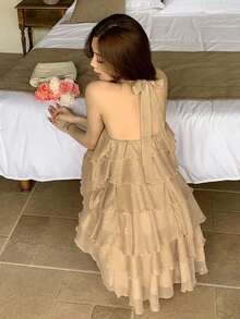 Joudiya 夏季無肩帶上衣式迷你洋裝，休閒音樂節、婚禮、派對、舞會適用，優雅荷葉邊雪紡女款洋裝 - 杏色 - 查看 5