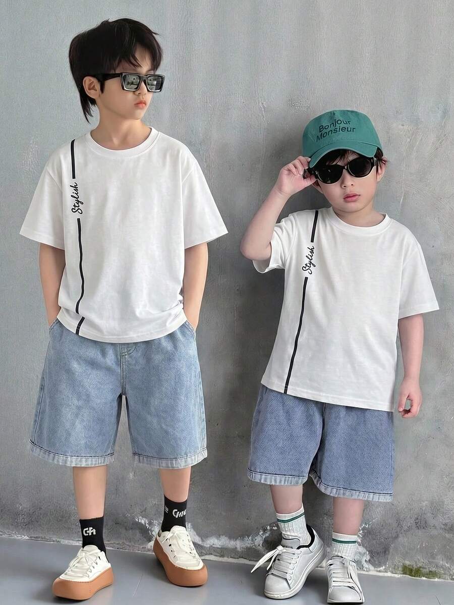 Setelan Kaos dan Celana Pendek Lengan Pendek Leher Bulat Motif Huruf Kasual Musim Panas untuk Anak Laki-Laki - MultiWarna - View 1