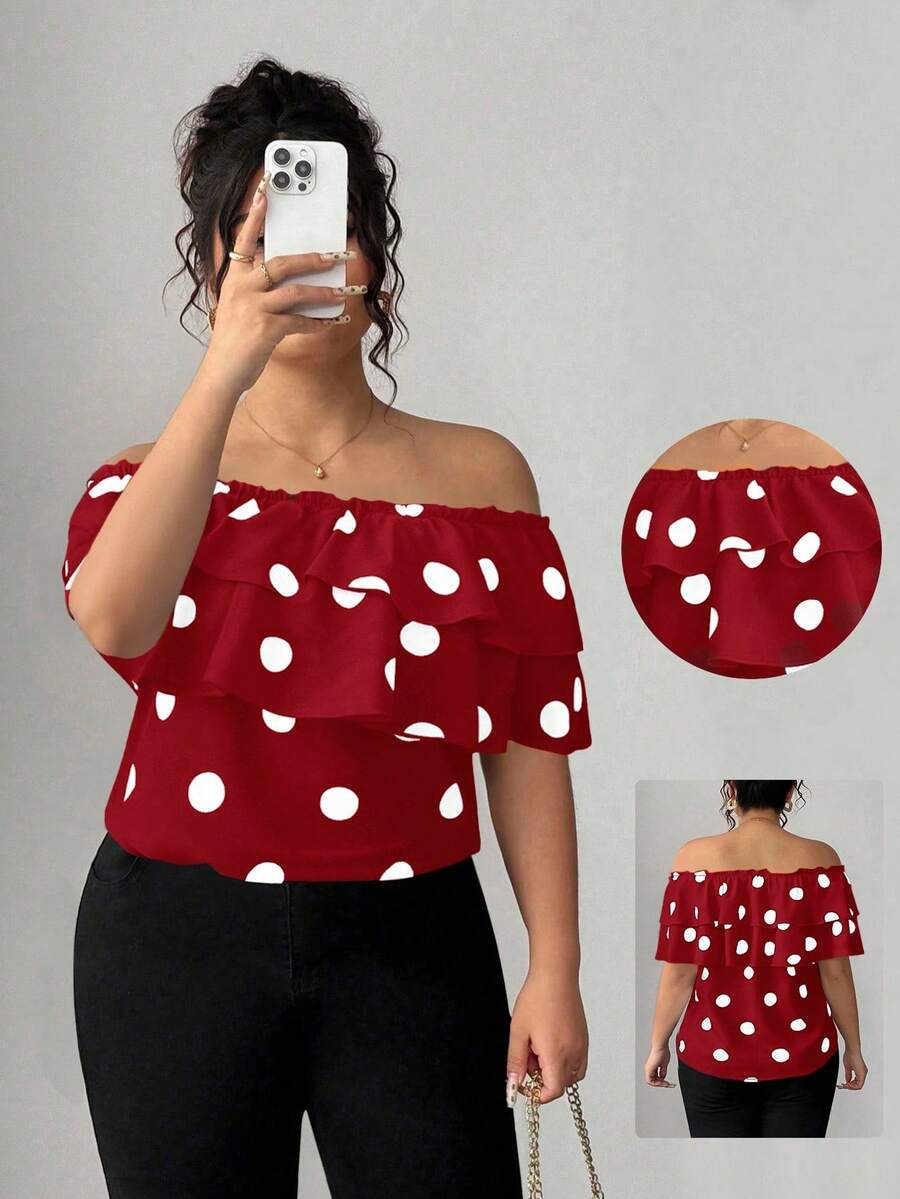 Elenzga Plus Size Women's Classic Polka Dot Print Layered Ruffle Off Shoulder Blouse - Red - View 1