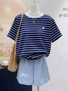 Resyla Equestrian Striped Print Round Neck Short Sleeve T-Shirt For Women, Summer Fashion - Navy Blue - View 4