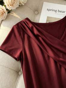 SHEIN Franclia 女款時尚短袖層次領口休閒通勤T恤 - 酒紅色 - 查看 5