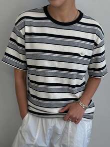 DAZY 休閒運動風夏季上衣配色條紋寬鬆短袖圓領女款T恤 - 藏蓝色 - 查看 2