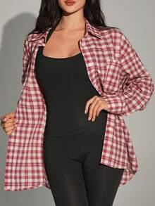 DAZY Contrast Color Plaid Loose Long Sleeve Lapel Casual Street Style Blouse For Women, Summer Graphic Tee - Red - View 3