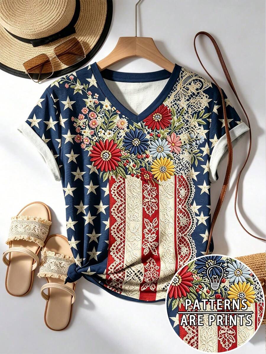 Resyla 波希米亞風拼色仿拼接刺繡星星與花卉印花短袖上衣,女款夏季休閒度假V領半袖襯衫 - 彩色 - 查看 1