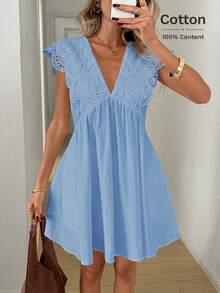 Easowa V-Neck Ruffle Lace Backless High Waist Babydoll Dress Casual Boho Elegant Commute Vacation Old Money Spring Summer Women's Mini Light Blue - Baby Blue - View 7