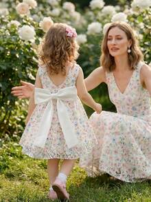 SHEIN Glamorique Kids 女童無袖公主正式禮服，精緻刺繡白色印花，背後可拆卸大蝴蝶結，7歲生日新娘婚禮禮服 - 彩色 - 查看 3