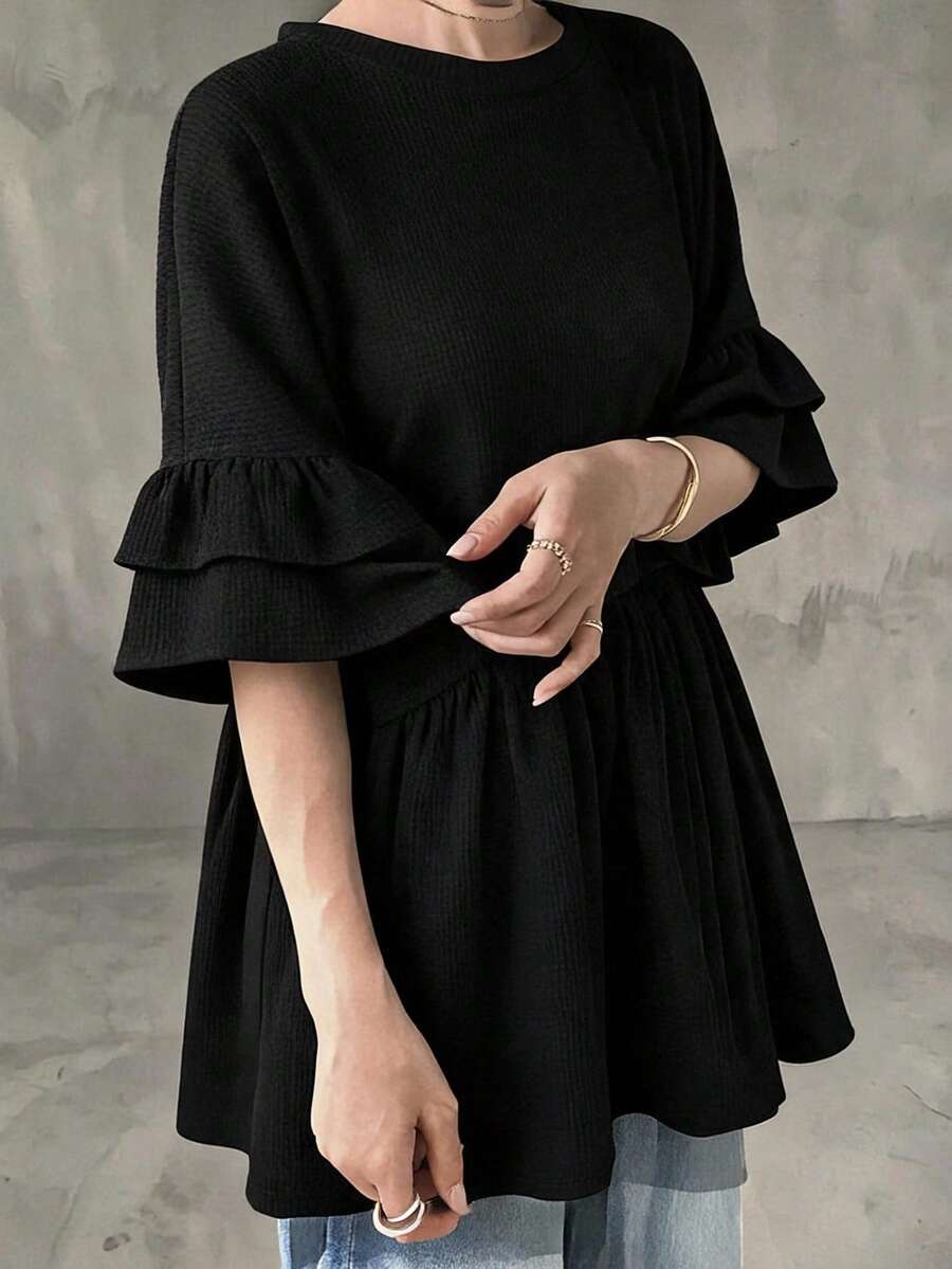 FRIFUL 女款夏季休閒百搭素色短袖T恤 - 黑色 - 查看 1