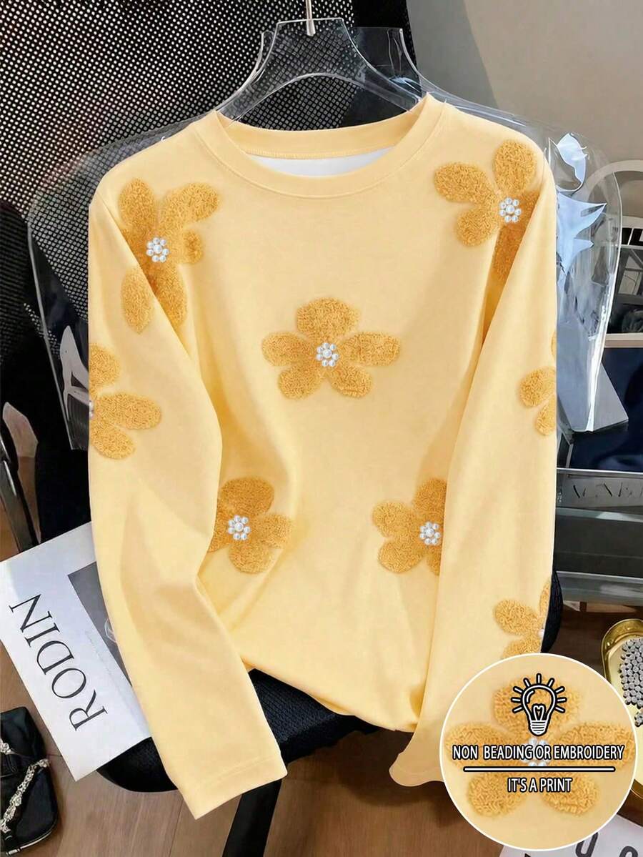 SHEIN 花卉珍珠印花圆领仿珍珠数码印花女式印花T恤 - 彩色 - 查看 1