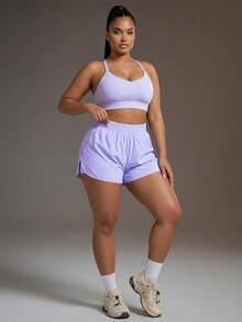 Powerista Plus Size Women Solid Color Camisole Top And Elastic Waist Shorts Casual Daily Sports Set - Purple - View 4