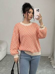 SHEIN Raffinéa Allover Print Contrast Trim Drop Shoulder Sweater,Long Sleeve Tops Knit Pullover Fall Winter Sweater - Orange - View 8