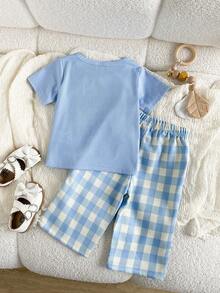 SHEIN Playful Pals 女婴蝴蝶结装饰圆领短袖T恤和格子裤休闲套装 - 淺藍色 - 查看 2