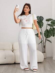 Solflare White Black Multicolor Plus Size Women's Straight Leg Pants 2pcs Set - Multicolor - View 3