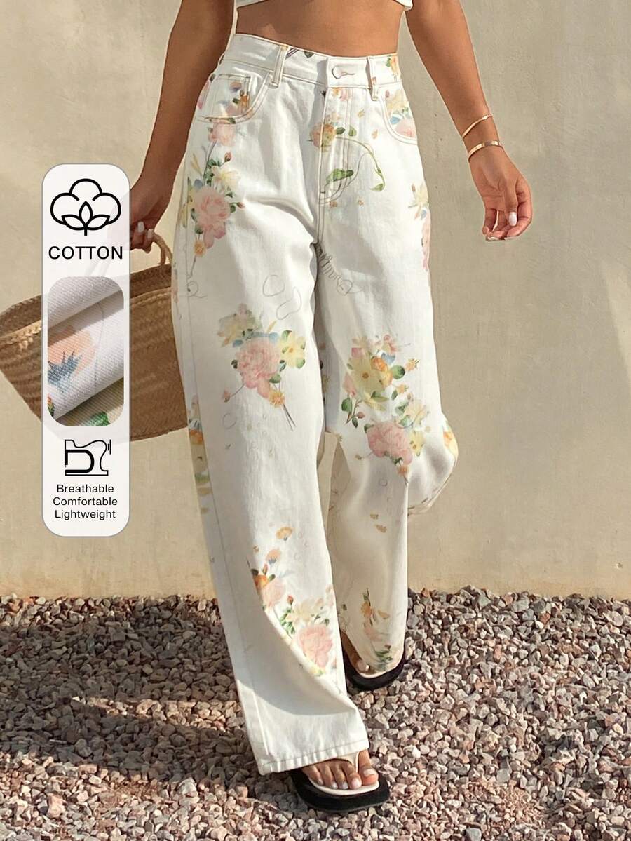 Livesso Women's Loose Straight-Leg Jeans With Floral All-Over Print, Suitable For Summer, Autumn And Spring, Casual Business Office Wear Vacation - White - View 1