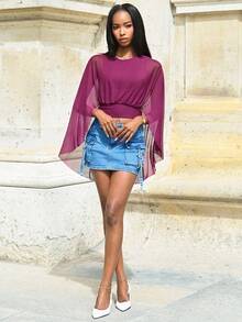 Mima John Women's Women's Burgundy Draped Top With Mesh Sleeves And Ruched Waist Detail Shawl Collar Casual Top, New Year's For Women Summer - Red Violet - View 1