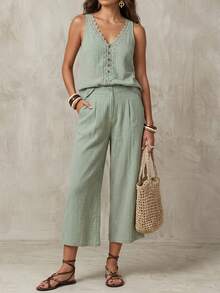 Levarali Women's Summer Sleeveless Tank Top And Cropped Wide Leg Pants Set Vacation Sage Green Boho Casual - Mint Green - View 3