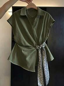 SHEIN Franclia 女款腰部打結休閒百搭日常出遊襯衫 - 軍綠色 - 查看 3