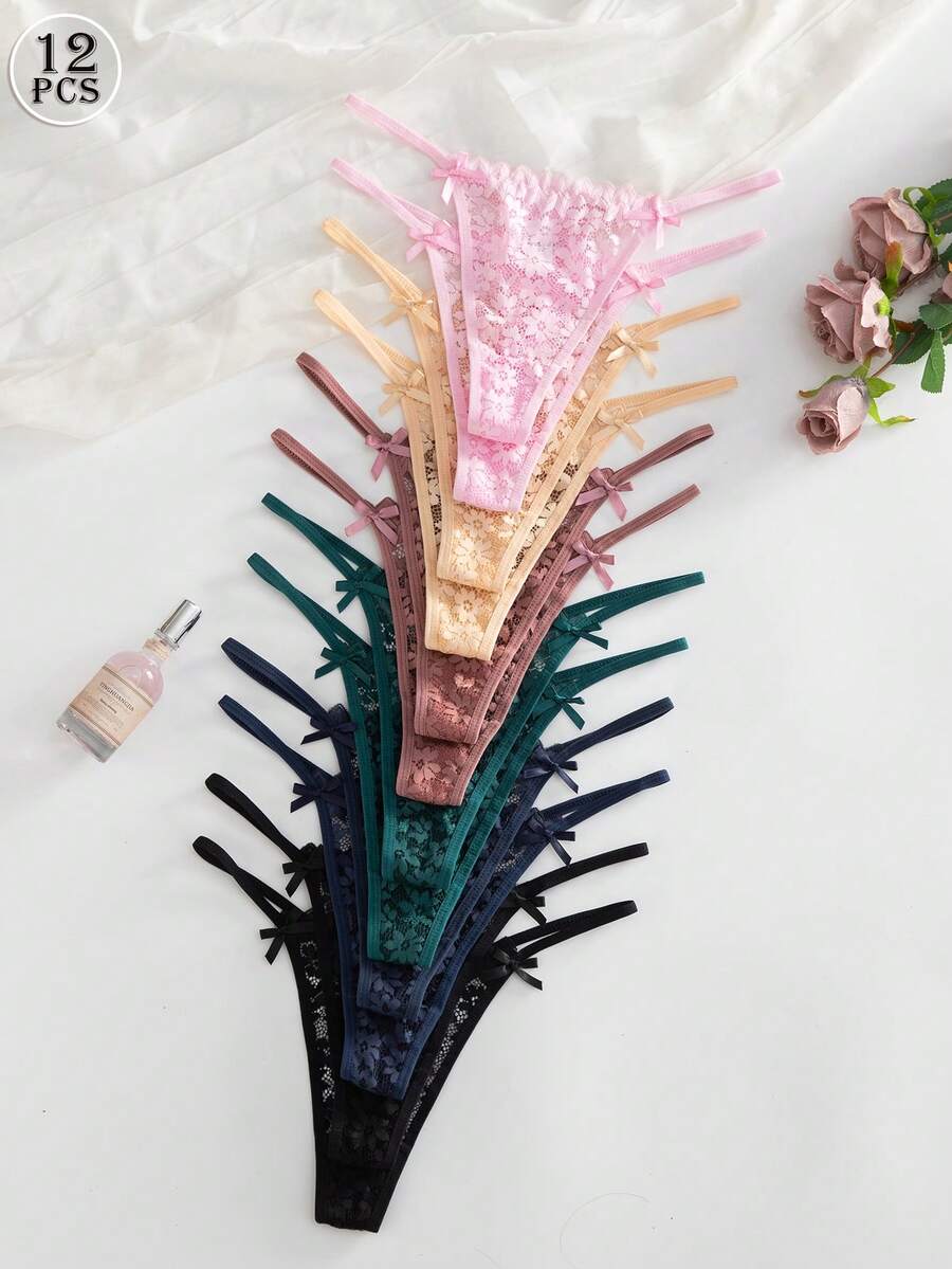 SHEIN 12件組浪漫性感蕾絲女用丁字褲內褲套裝 - 彩色 - 查看 1