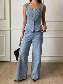 DAZY Western Cowgirl Vest Decorated Button Loose Wide Leg Pants Elegant Spring Autumn Women Denim Suit Summer - Light Wash - View 5