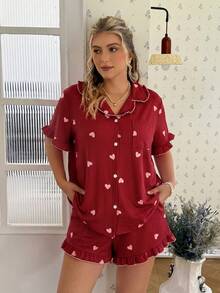 CottageSlumber Pink Heart Print Ruffle Collar Open Front Short Sleeve Shorts Plus Size Pajama Set - Red - View 3