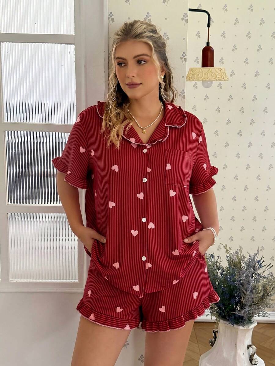 CottageSlumber Pink Heart Print Ruffle Collar Open Front Short Sleeve Shorts Plus Size Pajama Set - Red - View 1