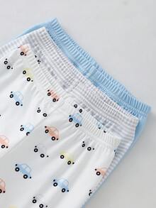 6pcs/Set Boys' Fashion Simple Comfortable Cute Casual Daily Soft Skin-Friendly High Elastic Knit Fabric Solid Color Striped Multi-Color Car Cartoon Print Pattern Round Neck Short Sleeve Top And Long Pants Tight Fit Loungewear - Multicolor - View 5