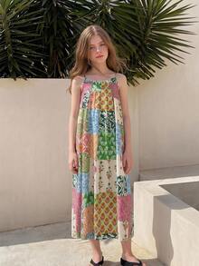 Dazy Kids Tween Girls Sleeveless Ditsy Floral Dress, Summer Vacation - Beige - View 3