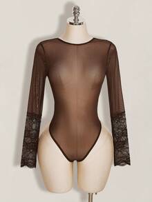 SHEIN ICON 女款蕾絲拼接性感百搭日常外出連身衣 - 棕色 - 查看 2