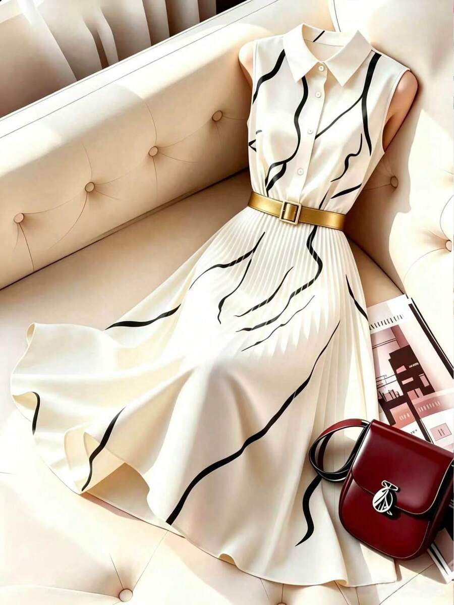 GlowEve CURVE Plus Size Women's Digital Print Shirt Collar Single Breasted Waist Pleated Full Skirt Sleeveless Dress Teachers' Day Office Beige Summer - Apricot - View 1