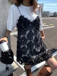 DAZY 女款蕾絲拼接無袖 2 合 1 短袖洋裝 夏日太陽裙 - 黑與白 - 查看 3