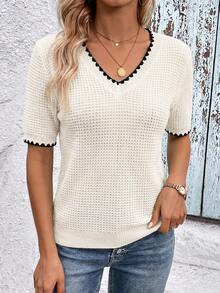 SHEIN Clasi Contrast Color Knit Elegant Daily Top - Black and White - View 5
