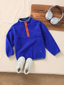 Genkimix Kids Little Boy's Light Green Textured Stand Collar Sweatshirt, Long Sleeve Half-Button Front, Playful Design - Navy Blue - View 3