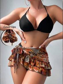 Swim SXY 女款巧克力棕色夏季波西米亞風海灘度假叢林動物印花碎花網紗荷葉邊抽褶不對稱打結綁帶連身罩衫 - 彩色 - 查看 3