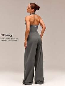 GLOWMODE 31" FeatherFit™-Air UPF50+ Chase Your Glow Wide-Leg Contrast Trim V-Neck Adjustable Halter Jumpsuit With Removable Cups Daily Casual Summer Wear - Dark Grey - View 2