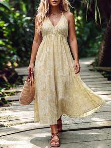 SHEIN LUNE CURVE Plus Size Women's All-Over Print Pleated Casual Boho Party Beach Vacation Halter Neck Tie Dress Yellow Summer - Yellow - View 6