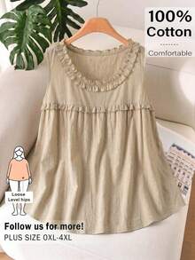 CosyJoli Plus Size Women's Solid Color Ruffle Trim Round Neck Casual Tank Top Holiday Beige Summer - Apricot - View 6