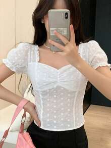 Joudiya 夏季波點提花抹胸白色花卉上衣 婚禮約會休閒浪漫度假雪紡襯衫 優雅女款襯衫 適合婚禮宴會 可愛 - 白色 - 查看 7