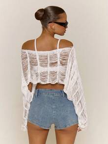 MUSERA Transparentes strukturiertes gestricktes Langarm-Crop-Top, Strandmode, süß, Festival, Frühling, Sommer, Urlaub, Ferien, klassisch, elegant, Ausgehen, Date-Night - Weiss - Übersicht 5